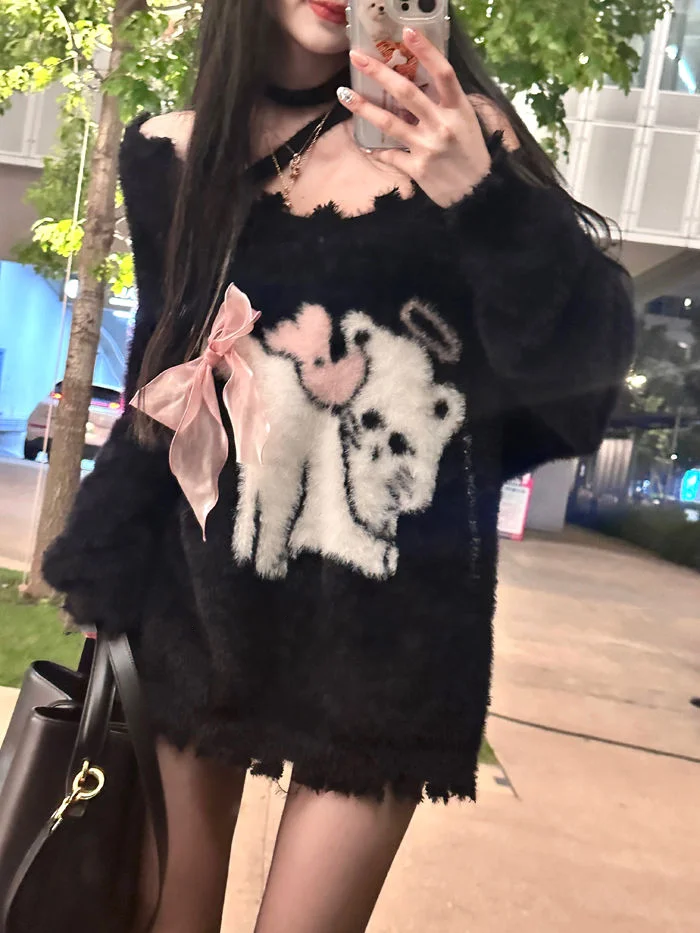 

Женский вязаный пуловер с длинным рукавом Y2K, повседневный свободный черный свитер большого размера, осень 2023