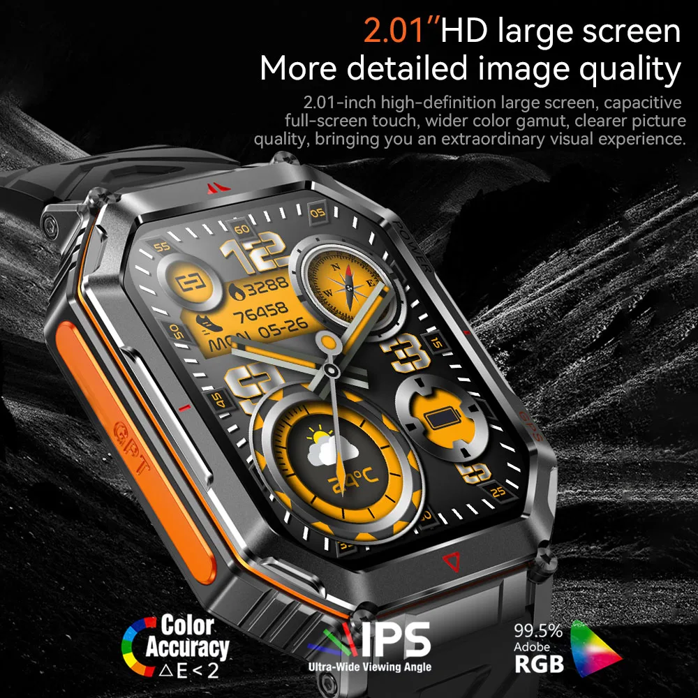남성용 KR92 GPS 스마트워치 - 2.01인치 HD 화면, 100가지 이상의 스포츠 모드, LED 손전등, 블루투스 통화, 나침반 및 고도 모니터