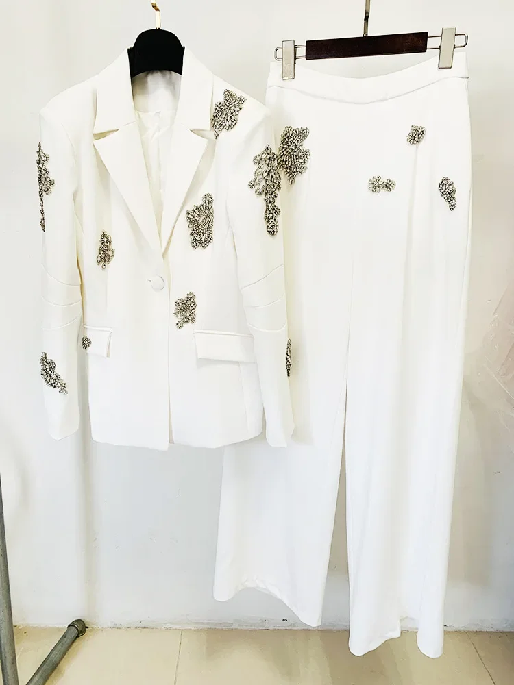 HIGH QUALITY Newest 2024 Designer Suit Women  Beaded Diamonds Single Button Suit Blazer Wide-leg Pants Set 2PCS 3