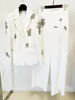 HIGH QUALITY Newest 2024 Designer Suit Women  Beaded Diamonds Single Button Suit Blazer Wide-leg Pants Set 2PCS 3