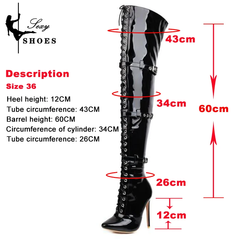 Big Size 46 Over-the-Knee Thigh High Women's Boots Pointed Toe Patent Leather Belt Buckle Plus Flock Thin High Heels Woman Shoes
