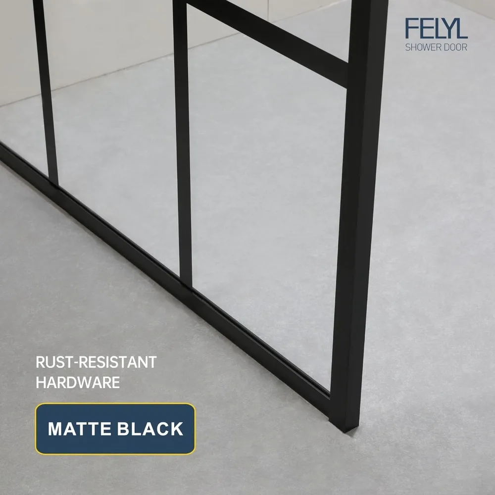 30x72 Inch Matte Black Grid Pattern Shower Screen with 8mm Tempered Glass, Reversible Installation