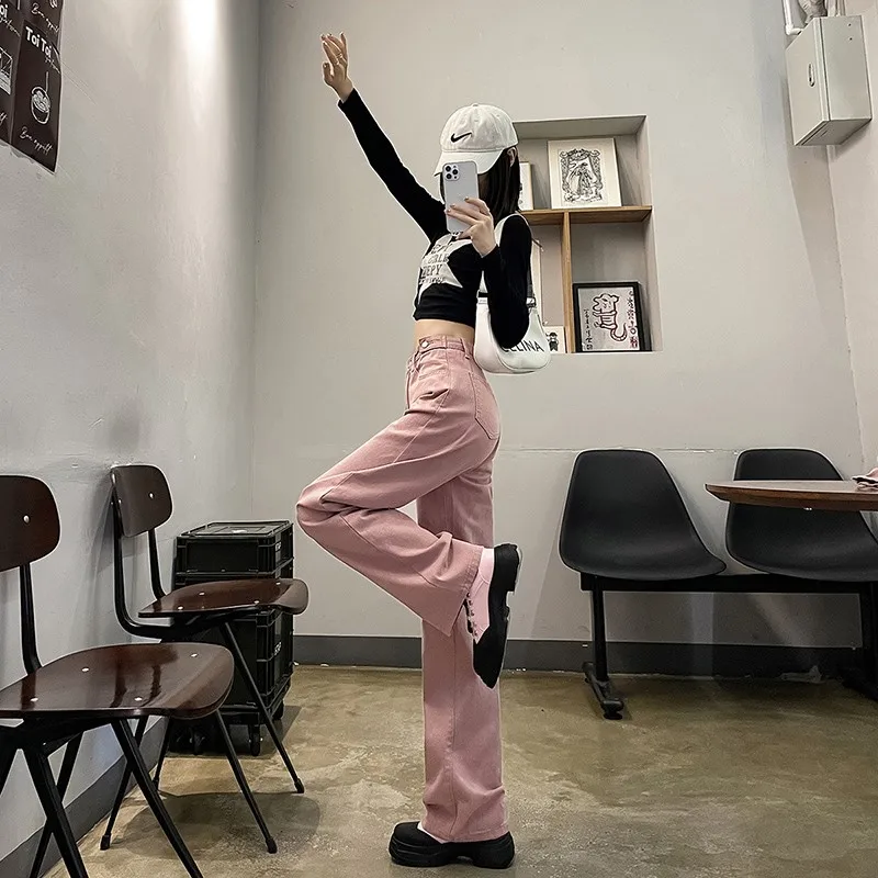 여성용 데님 청바지 디자인 와이드 레그, 느슨한 스트레이트 허리 조절 가능, 단추 패션 브랜드, 신상품 바지