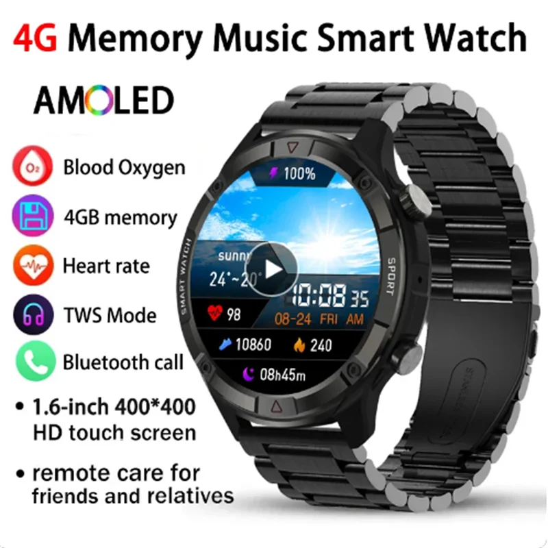 

2024 New 4G Memory Smart Watch Man AMOLED 454*454 HD Bluetooth Call Local Music Player Smartwatch For Men TWS Sports Fitness