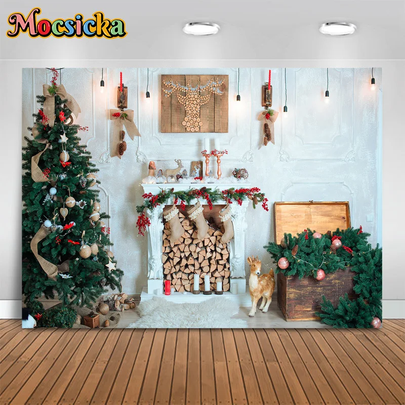 

Xmas Photography Background Christmas Tree Fireplace Deer HPead Backdrop New Year's Eve Birthday Party Cake Smash Photo Studio
