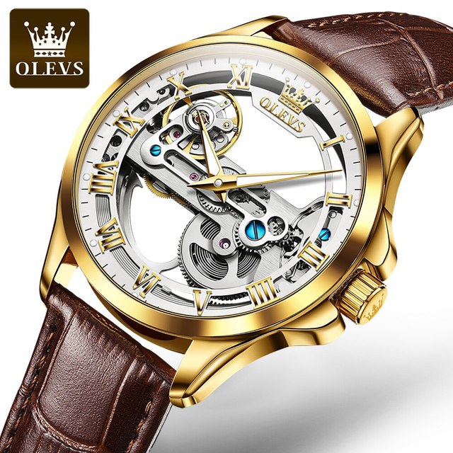 OLEVS Luxury Men Watches Automatic Mechanical Wristwatch Skeleton Design Waterproof Leather Strap Male Watch Reloj Hombre - gold white
