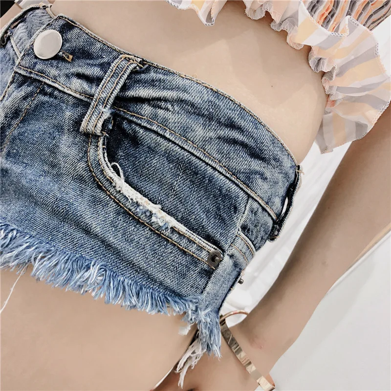 Sexy Women Triangle Jeans Shorts Summer Nightclub Party Low Waist Female Loose Mini Denim Shorts All-match Tassel Blue Shorts