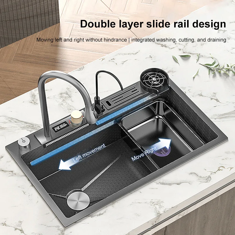 New Waterfall Sink Stainless Steel Kitchen Sink Large Single Household Washbasin Embossed honeycomb multifunctional sink