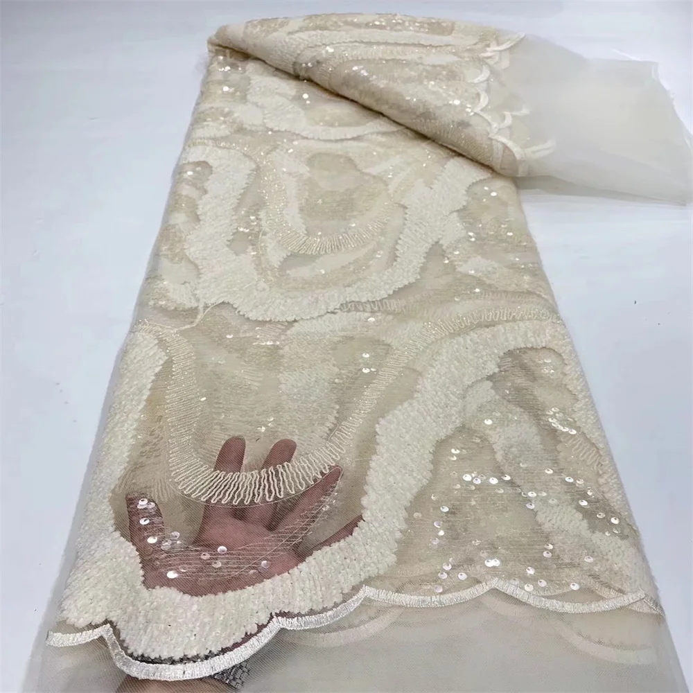 

African French Net Lace Fabric 2022 High Quality Embroidery Nigerian Tulle Lace With Sequins 5 Yards For Sewing Wedding d16-79