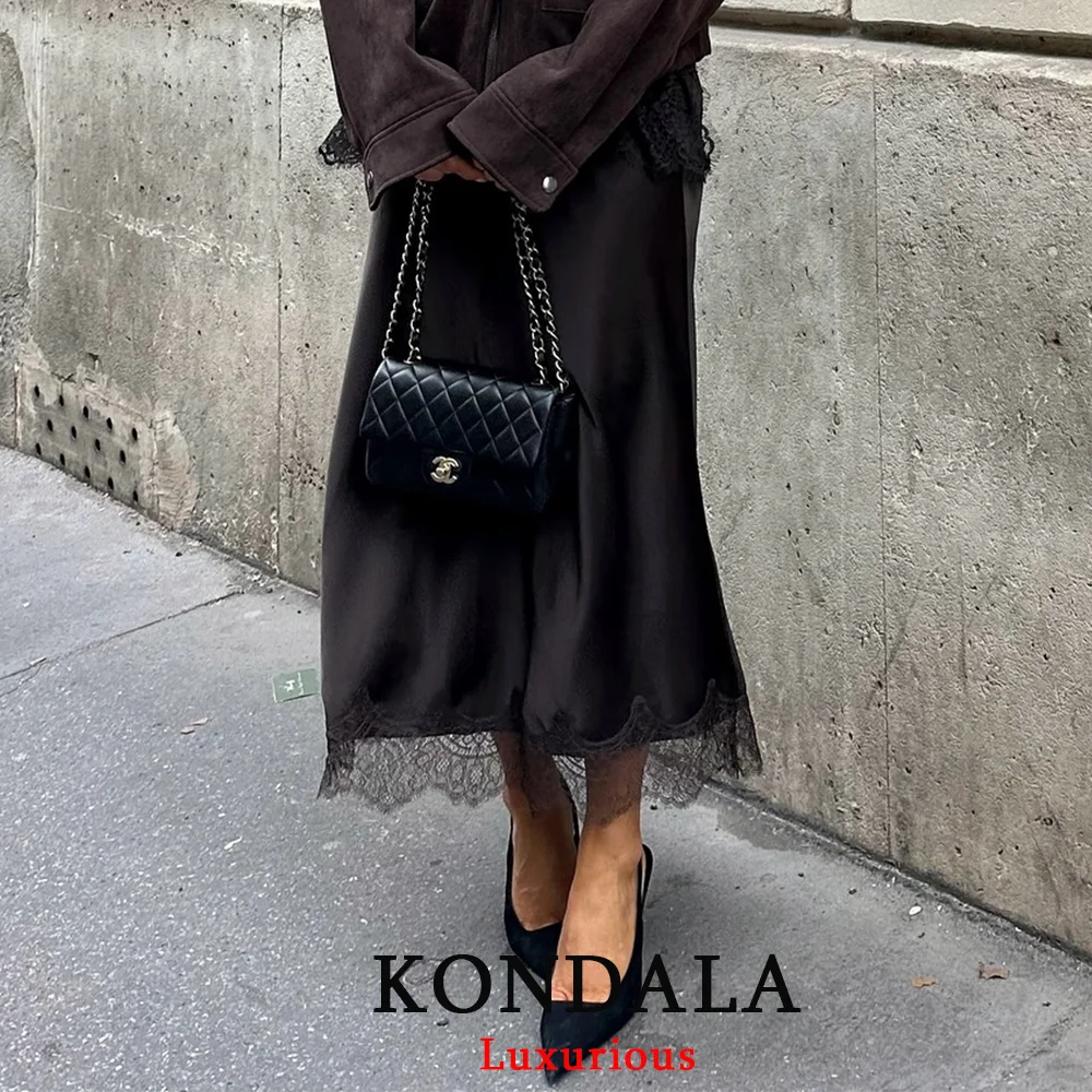 KONDALA Vintage Chic Satin Damen Lange Spitzenröcke Hohe Taille Gerade Midi-Party-Rock Mode 2026 Frühling Sommer Eleganter Rock – Detail 2
