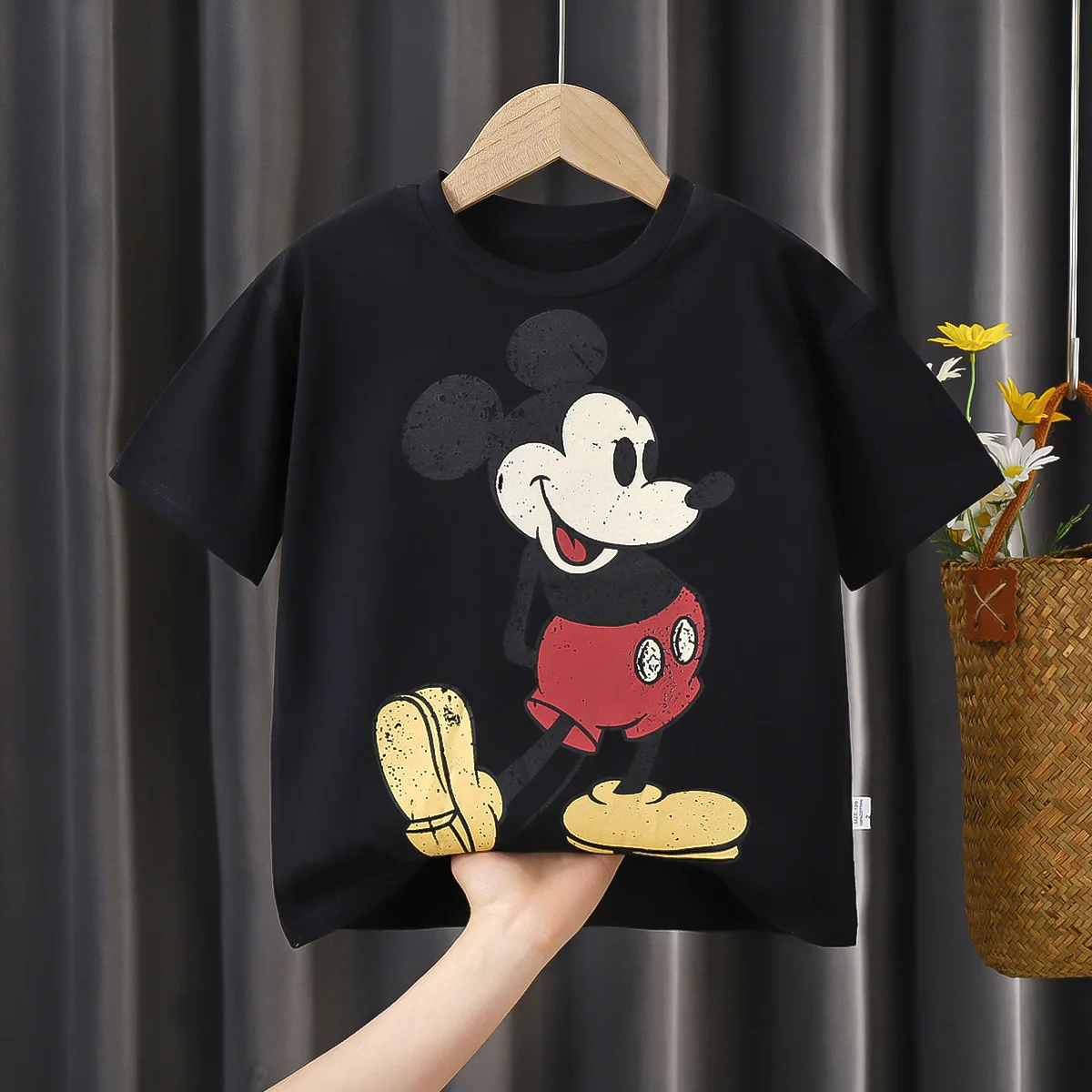 Mickey Print T-shirt Summer Clothing Solid Color Short Sleeve Tops Casual Simple Cartoon Cute Crewneck Base Shirt For Baby 4