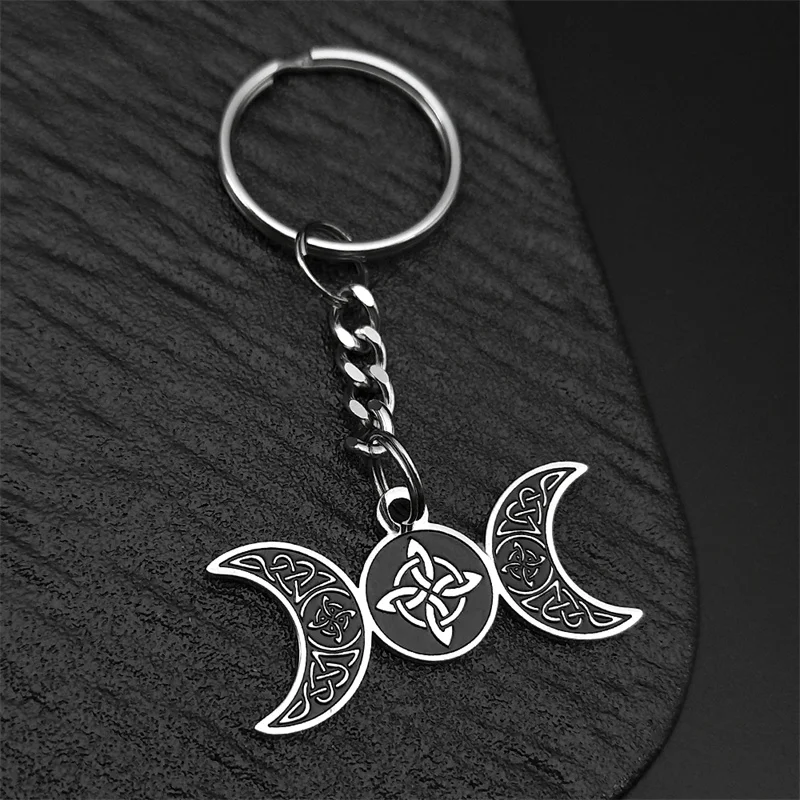 Wicca Dreifach-Mondgöttin-Schlüsselanhänger für Damen und Herren, Edelstahl, Hexerei, Wikinger, Hexe, keltischer irischer Knoten, Taschenanhänger, Schmuck – Detail 3