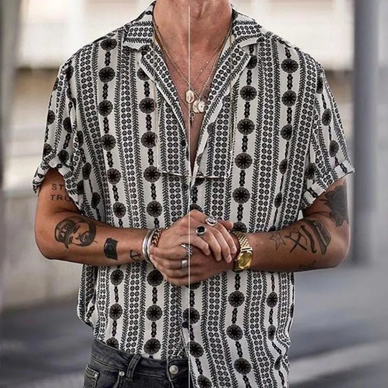 2023 Summer Men's Ethnic Printed Shirt Casual Streetwear Turn-down Collar Button Short Sleeve Shirt for Men Vintage Premium