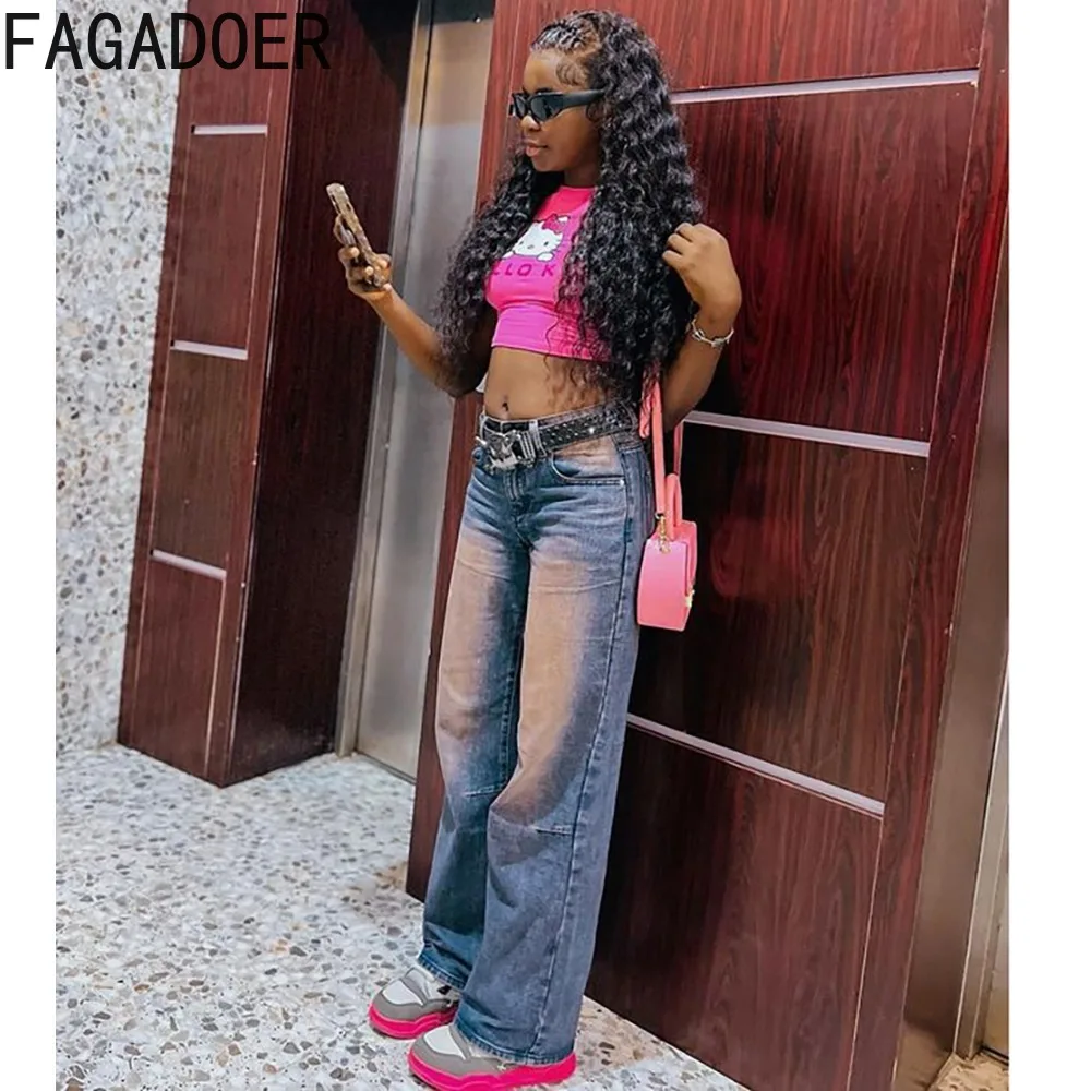 FAGADOER Fashion Streetwear Women Tie Dye Print Straight Denim Pants Casual High Waist Button Loose Jean Trousers Female Bottoms
