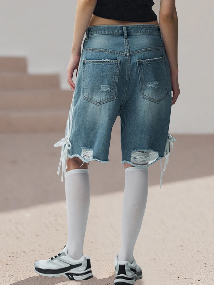 Women s Distressed Denim Shorts with Frayed Hem and Lace-Up Detail Perfect for Summer Vacation and Street Style