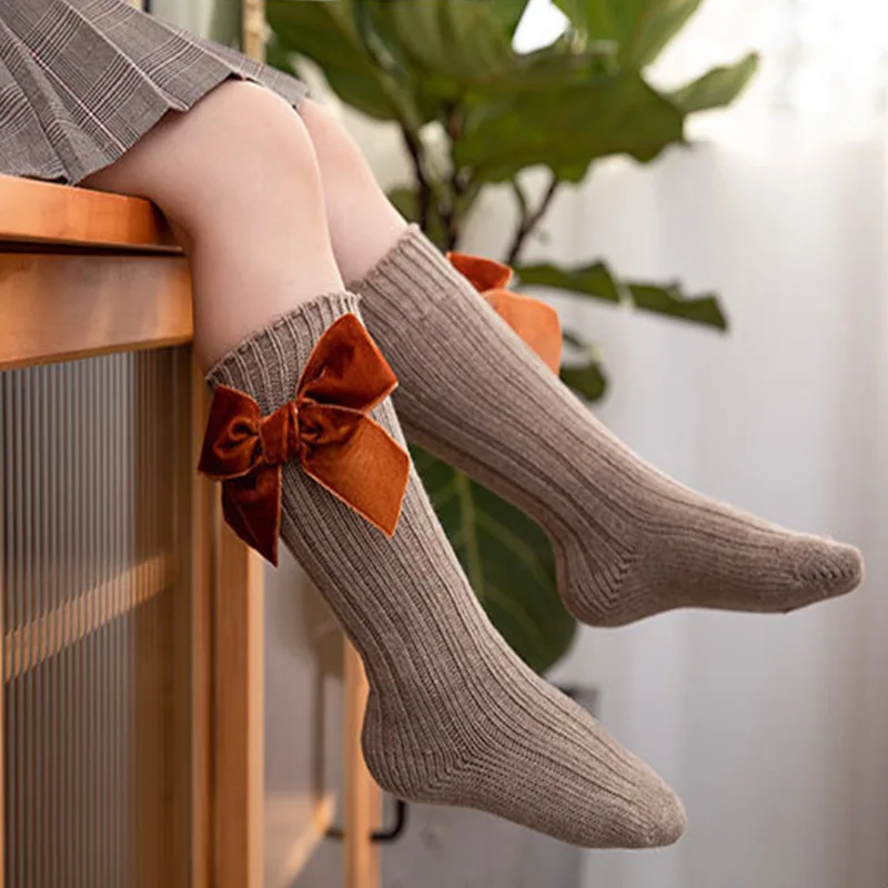 Baby Girls Knee High Socks Kids Cotton Big Bow Socks Solid Leg Warmers Princess Girls Toddler Soft Long Socks For Children 1