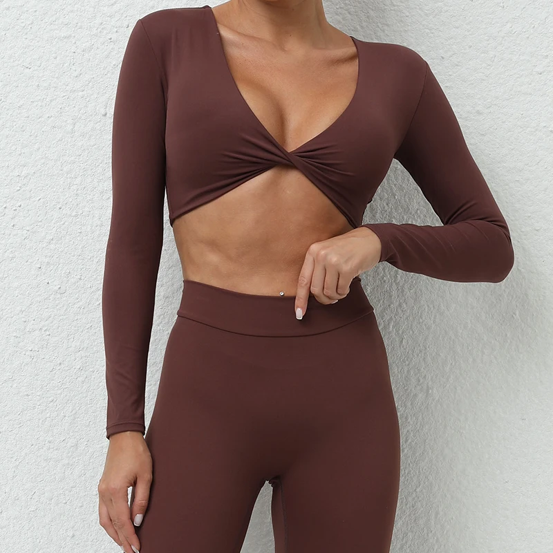 Sexy Creased Long Sleeve Crop Top Women Yoga Clothing Quick Dry