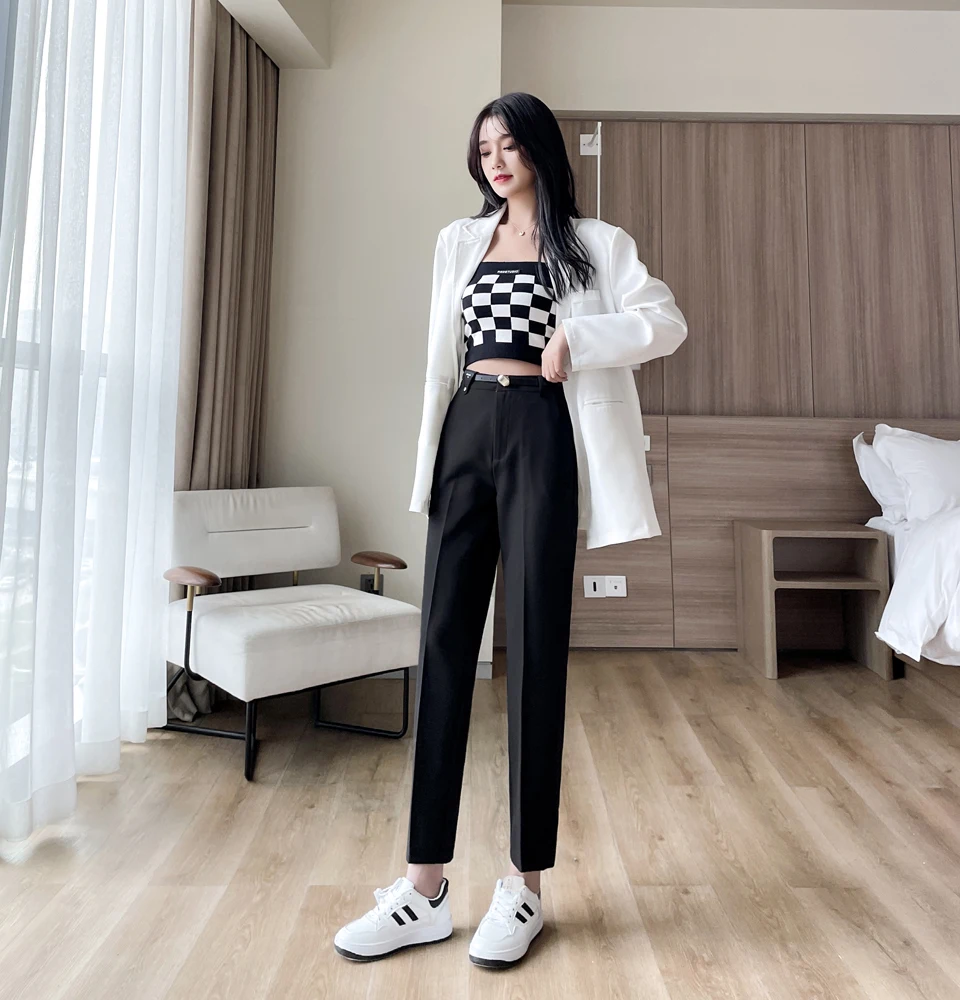 Black suit pants female spring straight tube loose high waist skinny foot pants small man pendant smoke pipe nine points west pa white capri leggings