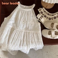 Bear Leader Cut-out Design Girl’s Dress 2023 Summer Little Girl Fashion Sling White Holiday Medium Length Vest Dress Girls Dress