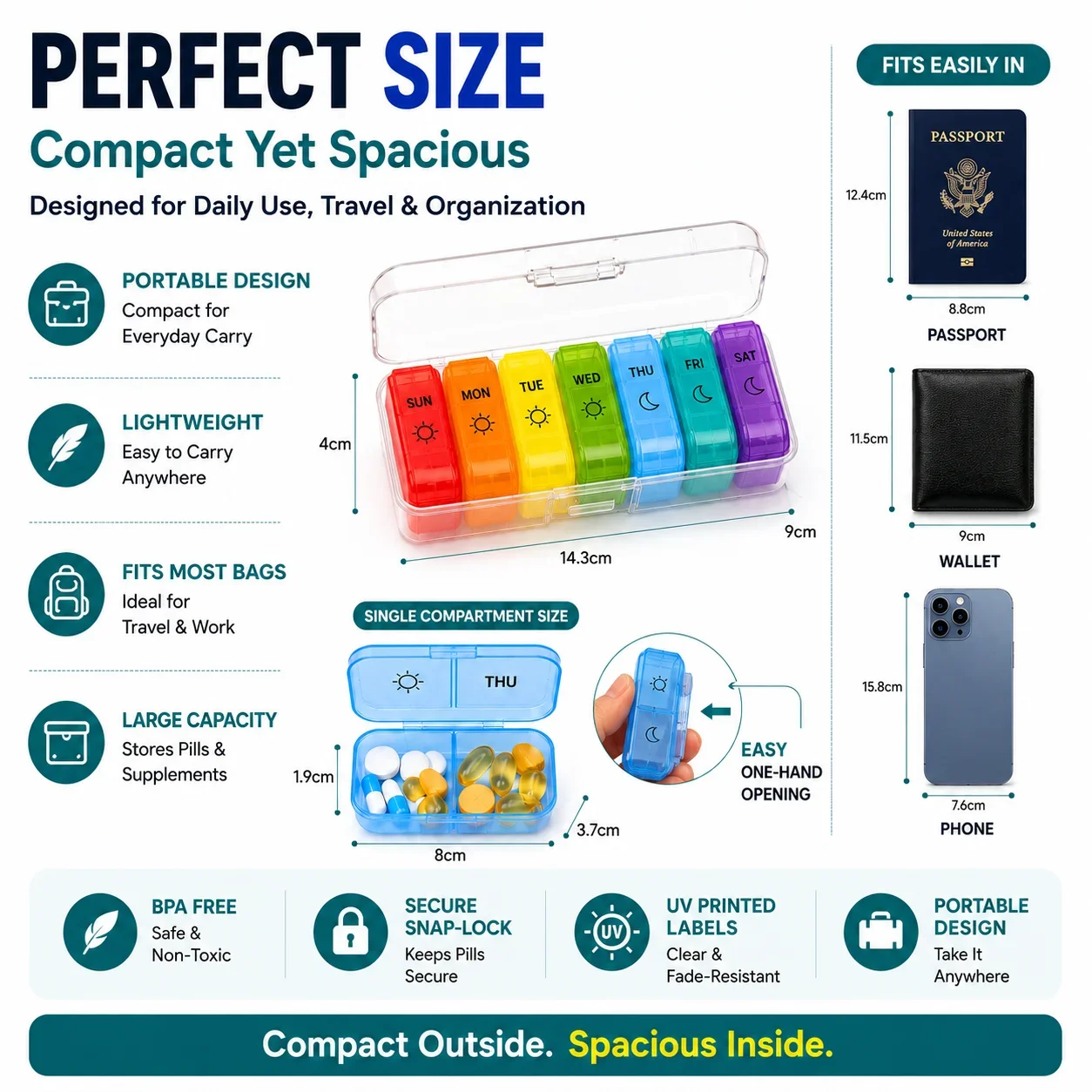 7-Day Weekly Pill Organizer with Secret Compartments, Portable Travel Medicine Storage Box