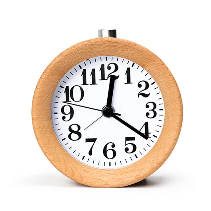 Wooden Clock Handmade Classic Small Round Wood Silent Light Desk Alarm Clock With Desk Lamp for Home dropshipping 3