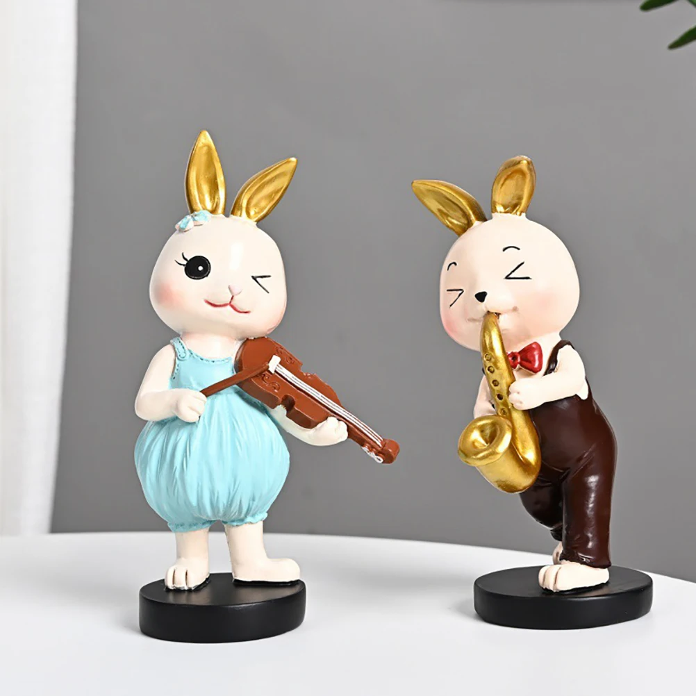 2Pcs Easter Bunny Resin Ornaments Playing Music Rabbit Sculpture Statue Figurines Creative Decoration | Дом и сад