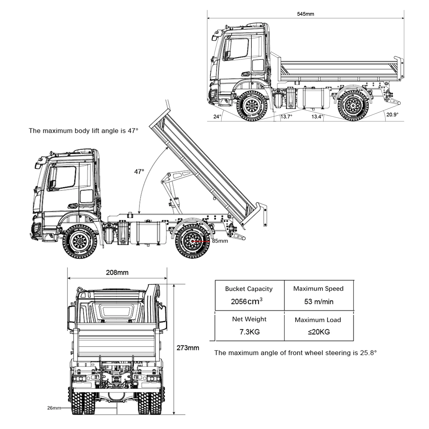 Kabolite 1/14 4x4 Metal Hydraulic RC Dumper Painted Tipper K3362 With Sound System Motor ESC Servo Flysky FS-ST8 radio Controll 6