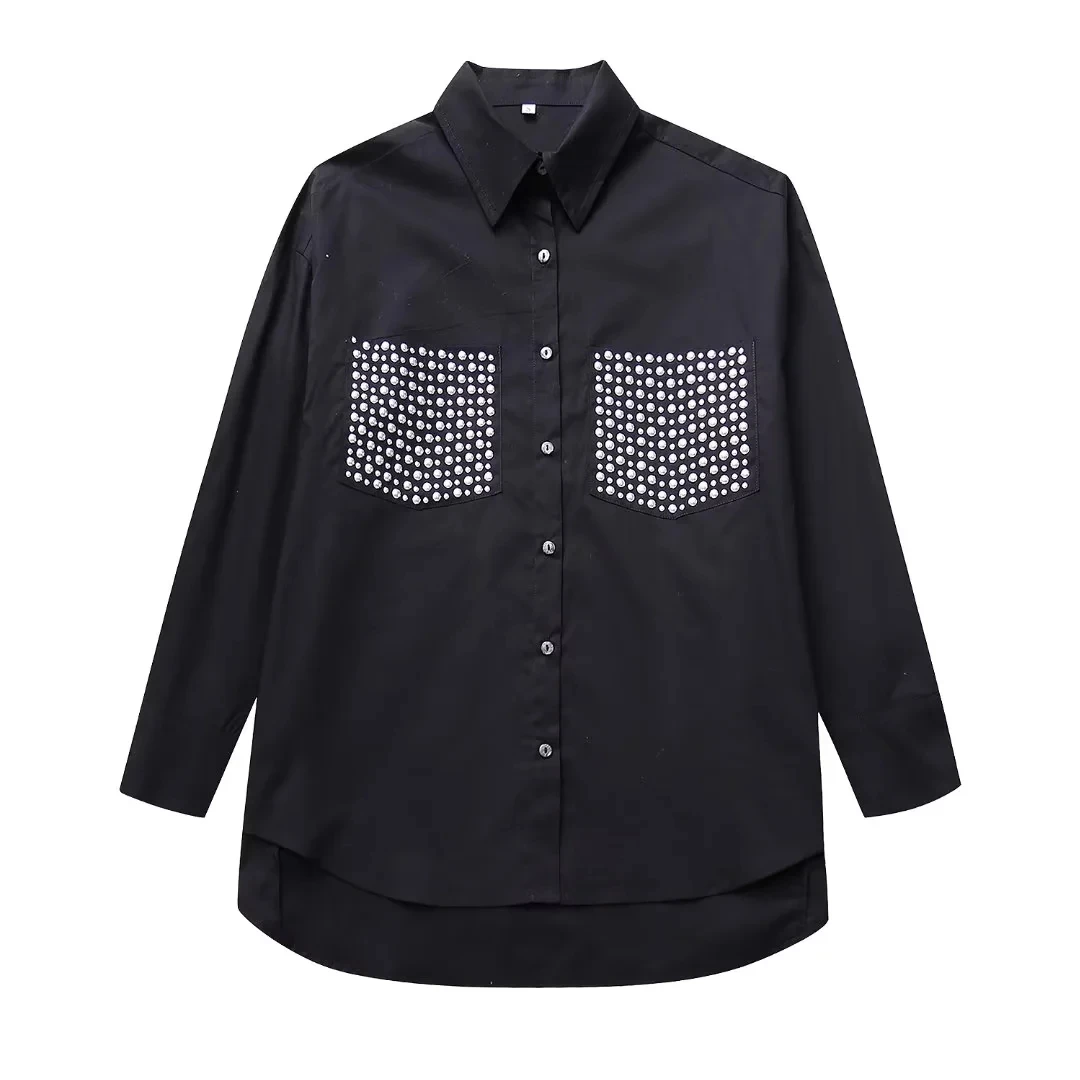 

TRAF Women Rivet Pockets Shirt 2023 Autumn Fashion Classic Asymmetric Hem Shirt Ladies Daily Street Casual Lapel Collar Shirt