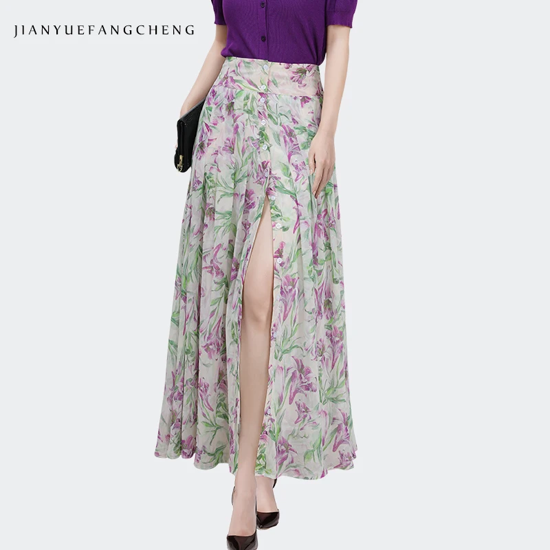 

2024 Summer Purple Floral Printed Long Skirt for Women High Waist A-line Button-down Maxi Skirts Large Swing Ankle-length Flowy