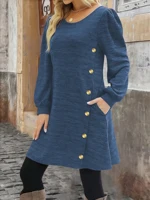 Elegant Plus Size Women's Dress Autumn Winter, Round Neck Long Sleeve Button Pocket Fashion Dress - Image 5