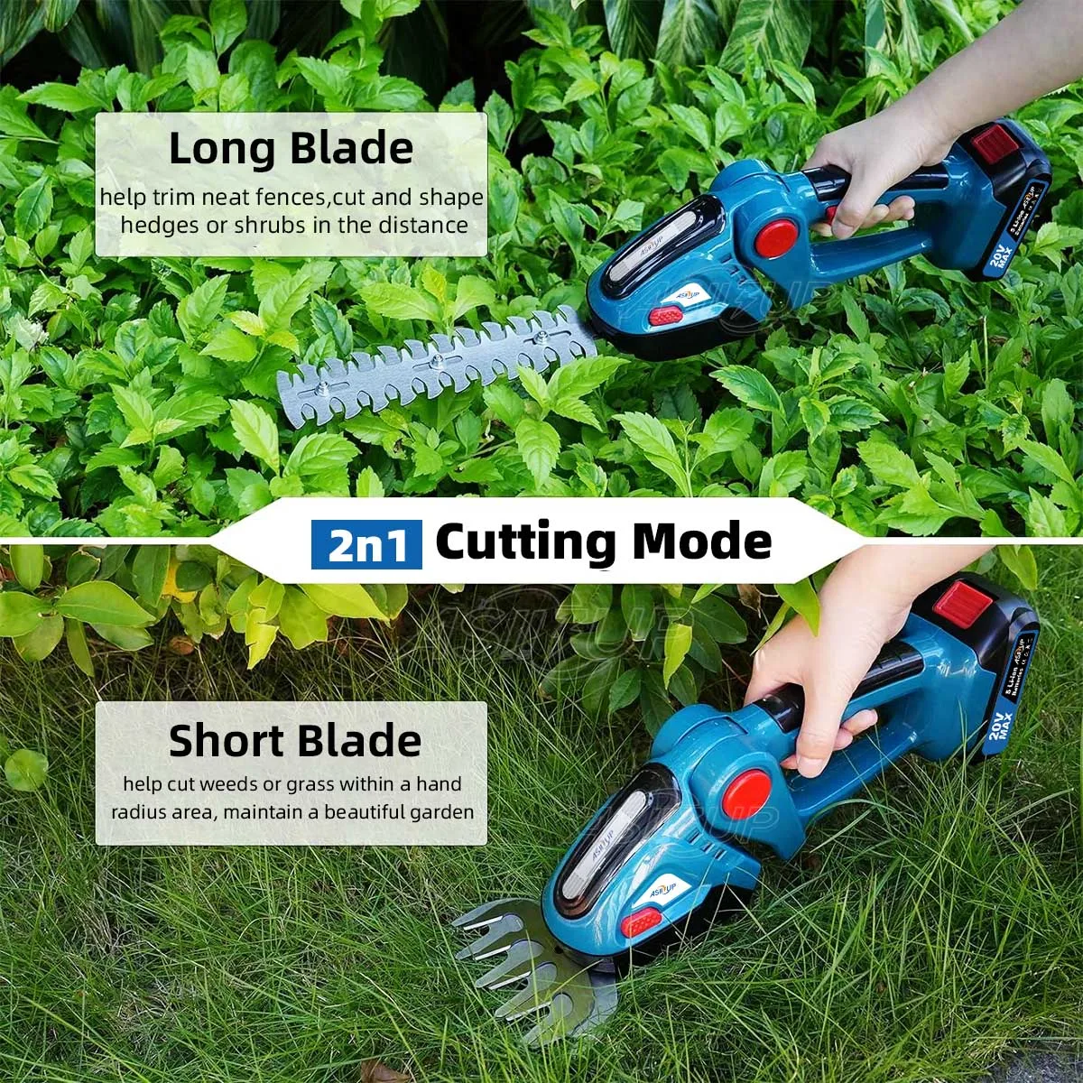 Asii3up 2 IN 1 Cordless Electric Hedge Trimmer 20000rpm Household Shrub Pruning Weeding Garden Power Tool for Makita 18V Battery 3
