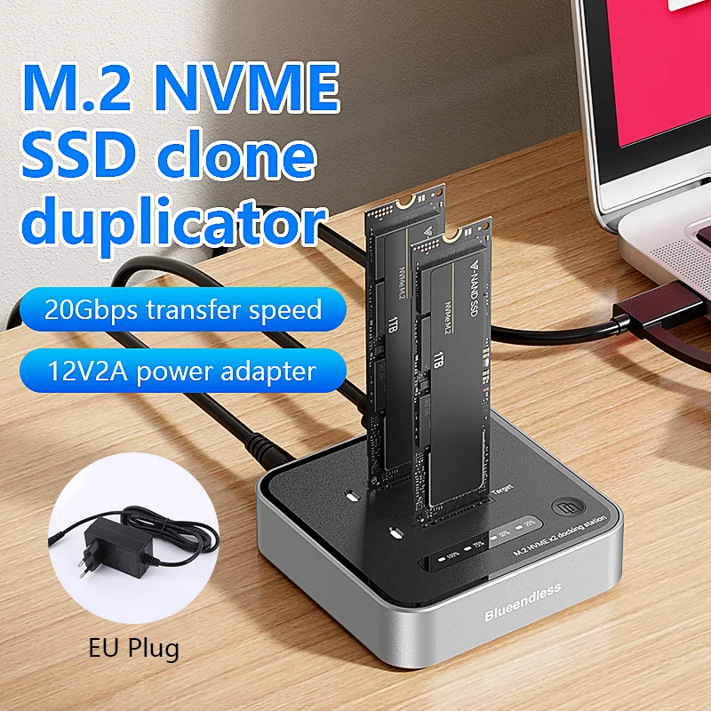 Blueendless Dual-Bay M.2 NVME SSD Clone M.2 NVme קורא SSD 20Gbps USB3.2 סוג C OFFline Clone Duplicator NVme PCIE Enclosure