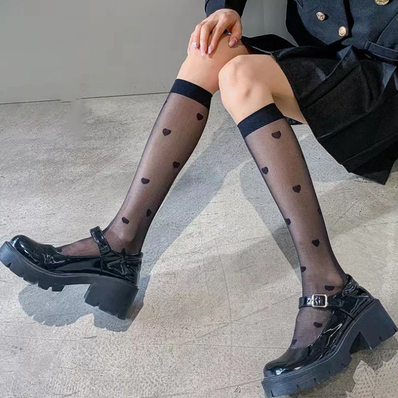 Description Picture 3 of itemSexy JK Women Stocking Lolita Uniform Thin Long Socks Silk Stockings Love heart see through black Knee Sock Summer Underwear