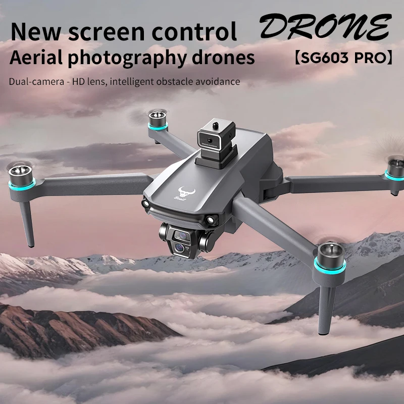 Vue rapprochée du drone professionnel SG603 montrant sa double caméra 8K HD et ses capteurs
