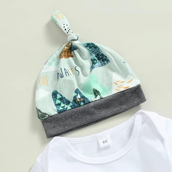 Infant Boys Autumn Clothing Set with Letter Mountains Print Romper Crew Neck Long Sleeve Top Elastic Waist Pants and Hat - 3 2