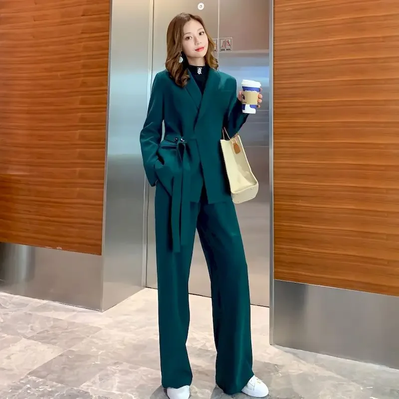 

Lnsozkdg Casual 2 Pieces Trouser Set Women Long Sleeve Belted Suit Jackets & High Waist Wide Leg Pants Office Ladies Pant Suits