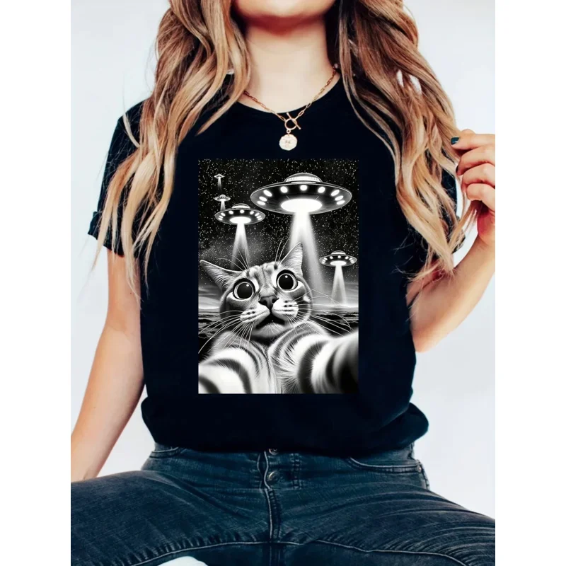 

Футболка Cat'sselfie & UFOprintT, повседневная женская одежда с коротким рукавом и воротником для весны и лета