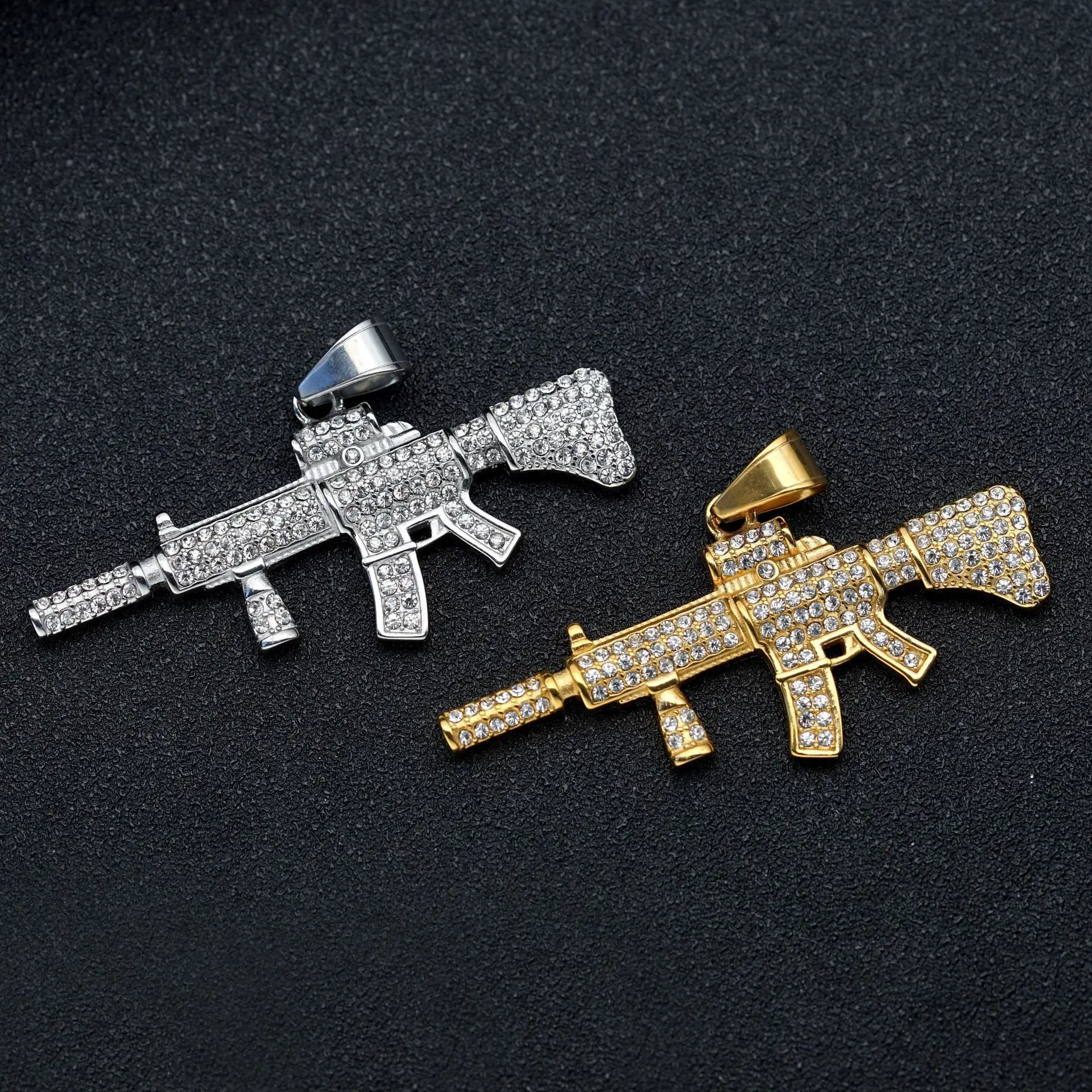 Iced Out AK47 Gun Pendant Rhinestone Stainless Steel Mens Necklace Hiphop Jewelry 3