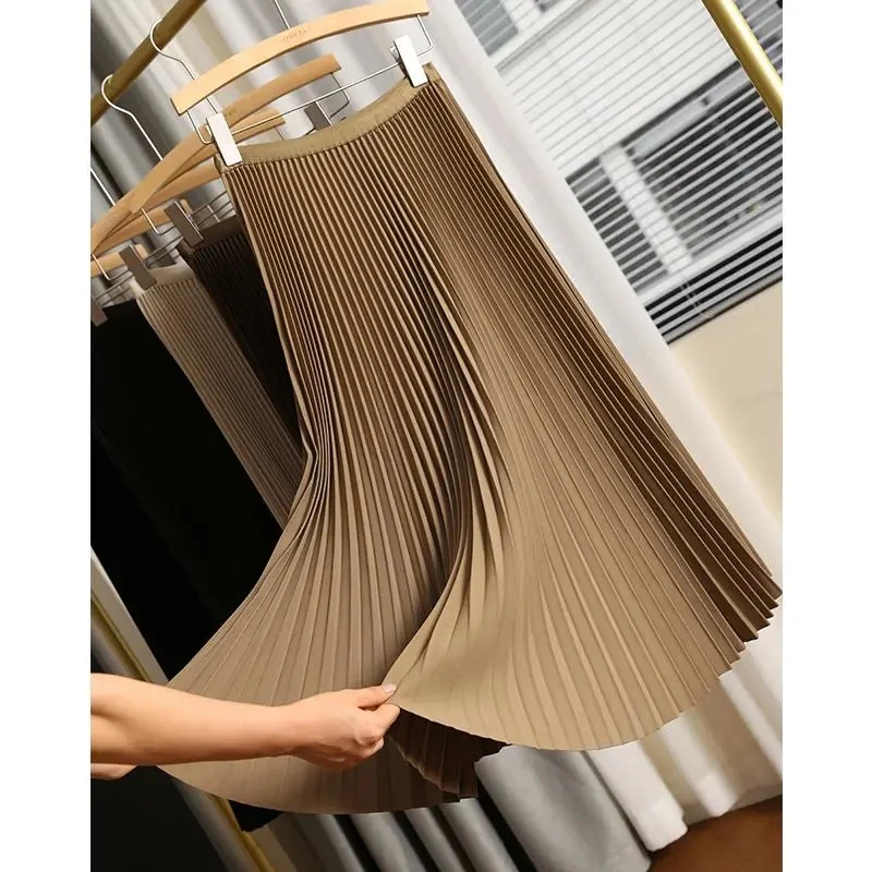 Pleated Skirts for Women 2023 Spring Fall Chic Elastic Band Fashion A Line Elegant Office Ladies Luxury Midi Skirt PleatedSkirt neophil chic ladies latex flare black skirts vintage pu faux leather ball gown long skirt thick party a line swing faldas s21836