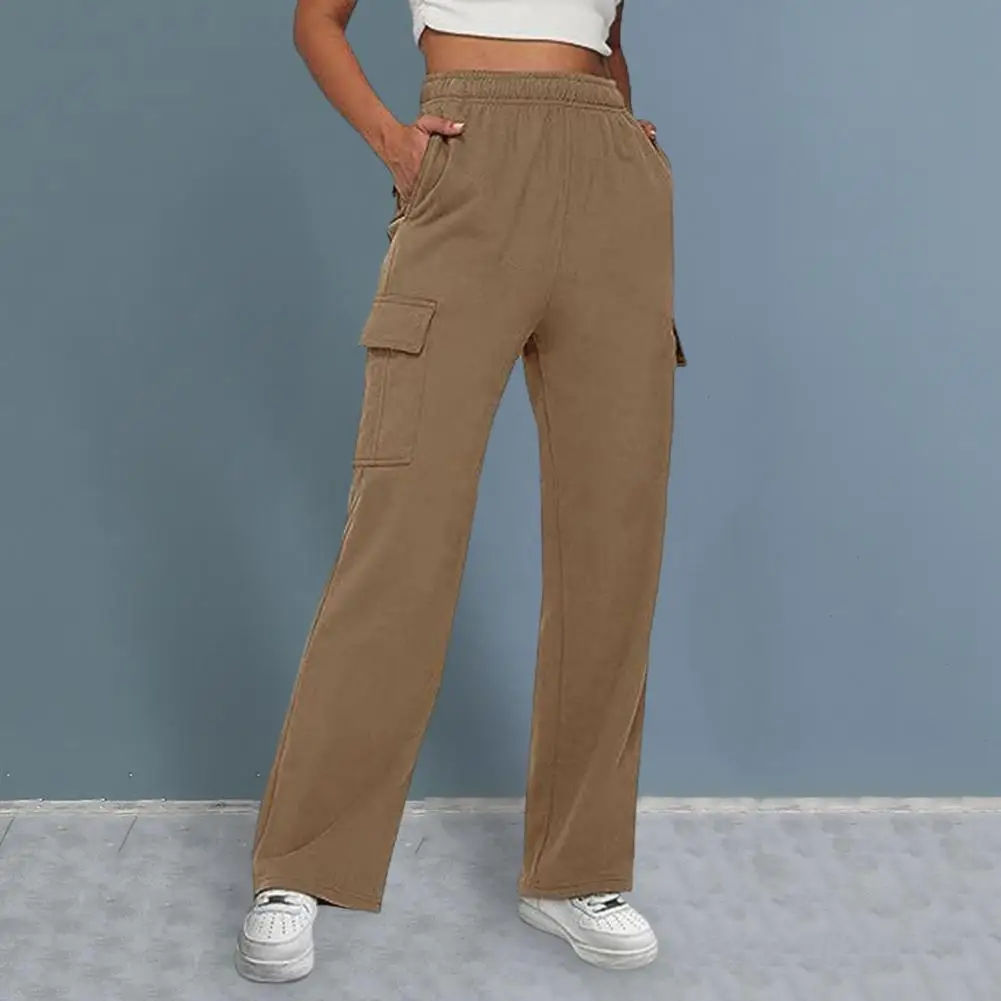 

Женские брюки с высокой эластичной талией и широкими штанинами, однотонные свободные мягкие дышащие прямые женские брюки-карго полной длины с несколькими карманами