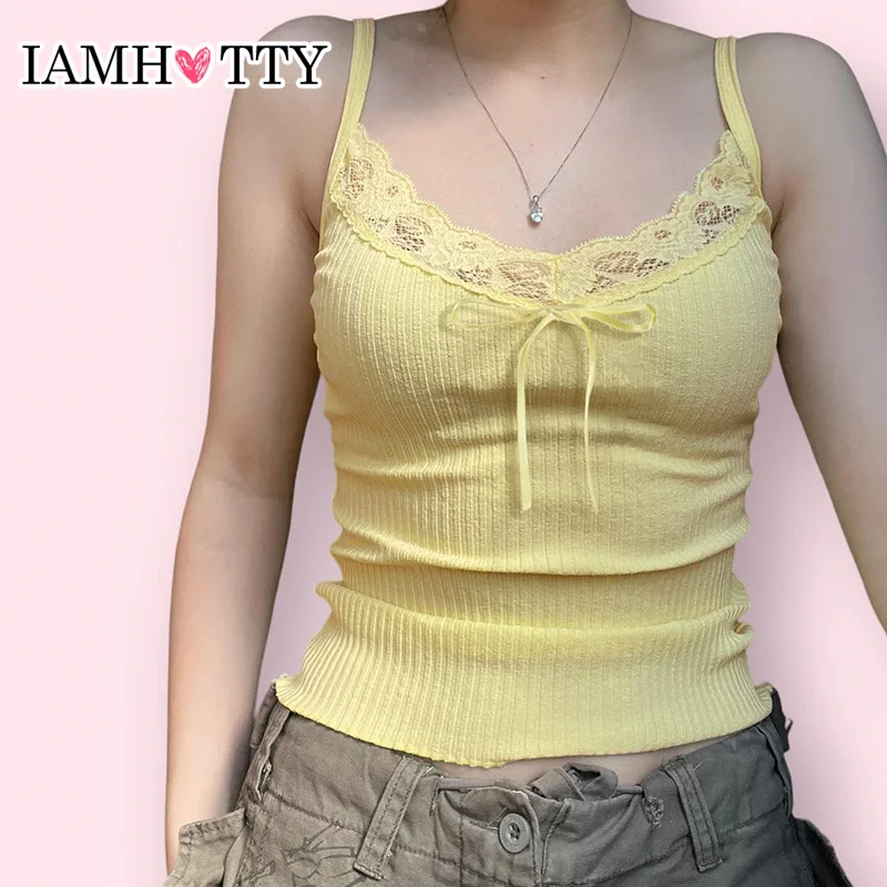 IAMHOTTY Y2K 레이스 패치워크 캐미스 여성용 코케트, 미적 슬림핏 민소매 상의, 귀여운 시크, 우아한 니트 캐미스 베이직