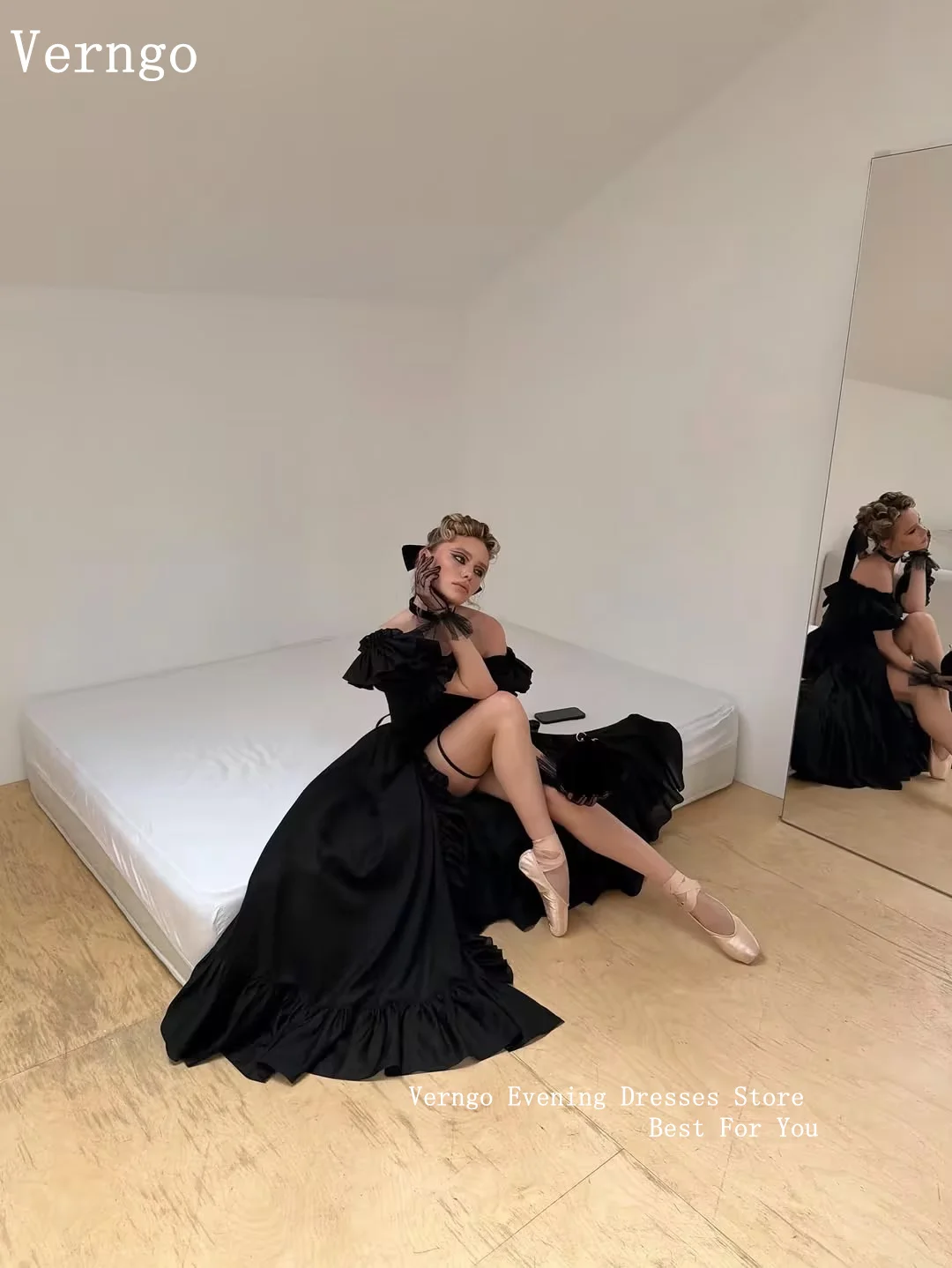 Verngo Black Crepe Evening Dress Off The Shoulder A Line Side Slit Prom Gowns Elegant Maxi Party Dresses Customized 3