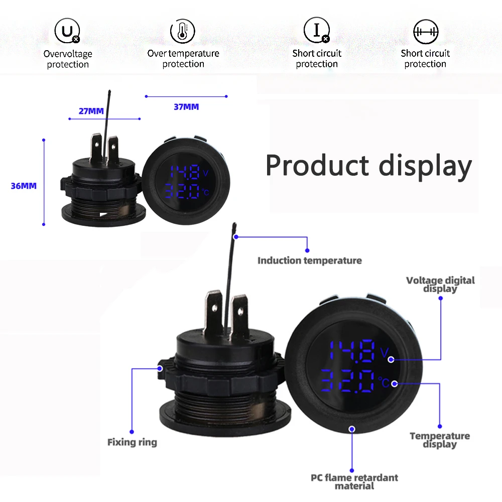 Digital voltmeter 12-24V for car motorcycle boat temperature and voltage measurement