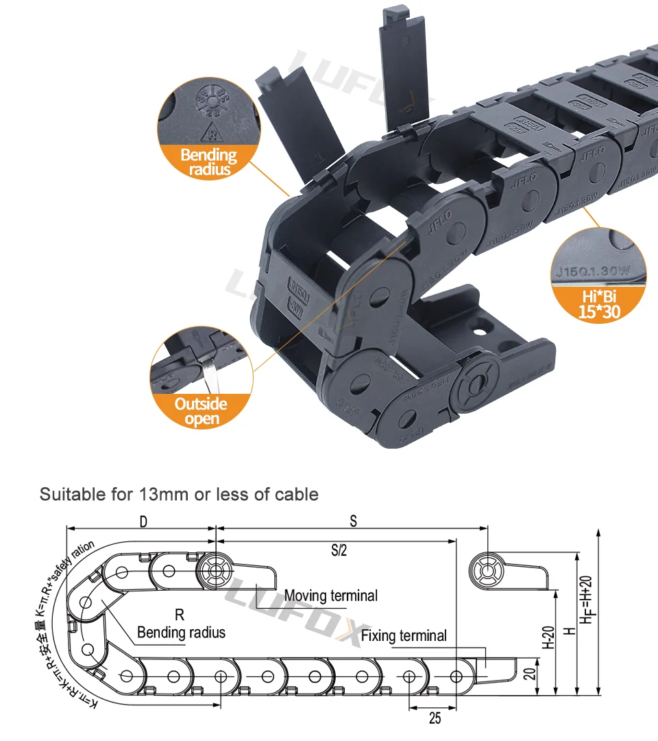 Hochwertige 1-Meter-Kabelschleppkettenbrücke mit externer Öffnung Serie von j15q.1.w 15*15 15*20 15*30 15*40 15*50 – Detail 6