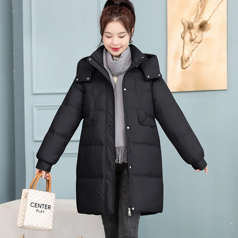 

2024 Autumn/Winter Down Coat Women's Winter Mid length Standing Collar Detachable Hat Thick Bread Coat Warm Winter Coa