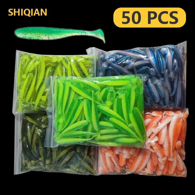 SHIQIAN 50 Stück weiche Angelköder, Wobbler für Hecht, künstlicher Köder, Silikon, Winter-Angelzubehör, Werkzeuge, weicher Köder