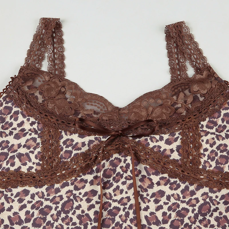 Y2k Leopard Lace Trim V-Neck Halter Tops Women Sexy Slim Hotsweet Bow Lace Up Tanks s New