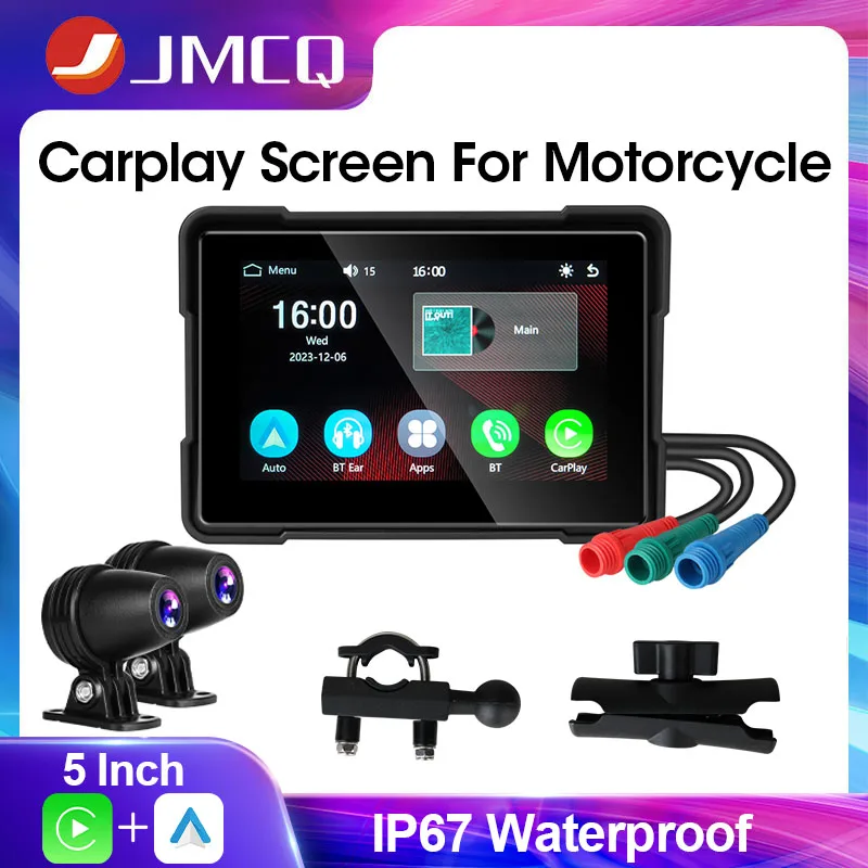 

JMCQ Carplay Display Screen DVR Dashcam For Motorcycle 5" Touchable IPX7 Waterproof IPS Monitor Wireless Carplay Android Auto