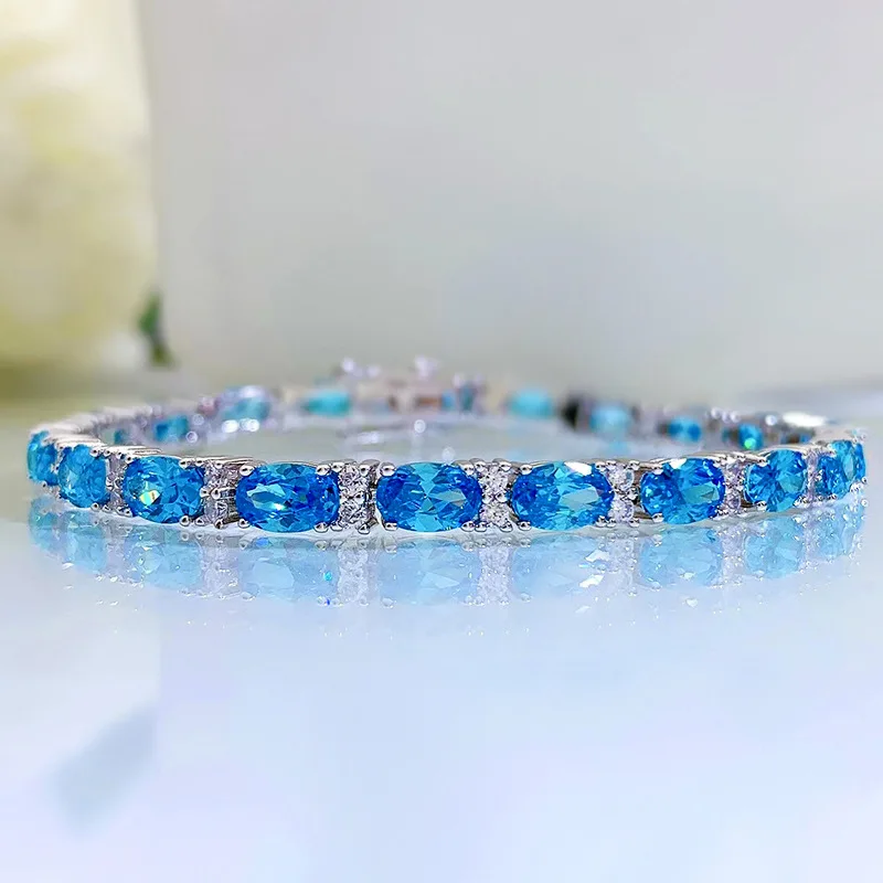 Luxury Silver 925 Jewelry Aquamarine Bracelet for Women Oval Cut Full