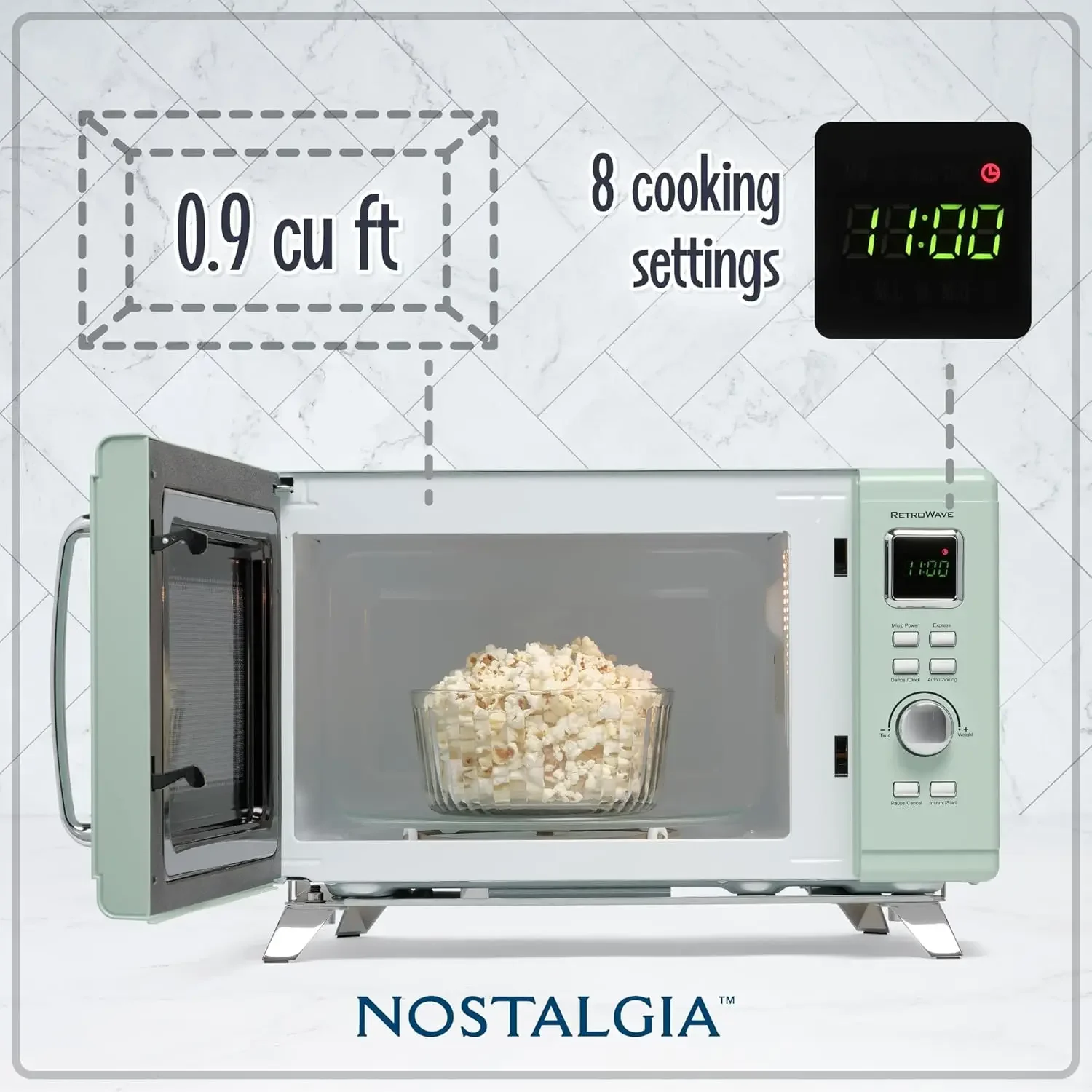 Mid-Century Retro Countertop Microwave Oven  Large 900-Watt 0.9 cu ft 8 Pre-Programmed Cooking Settings Digital Clock - K 2